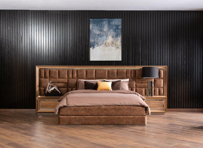 Bedroom Set Bed + Bedside tables Luxury Double Brown Hotel Beds Beds